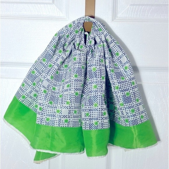 Vintage 70's White Lime Green Polka Dot Silk Rayon Scarf Square Glamour Retro - Picture 1 of 13